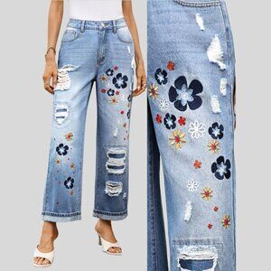 LAST ONE 🔥 Distressed Embroidered High Waist Mom Ankle Jeans Blue